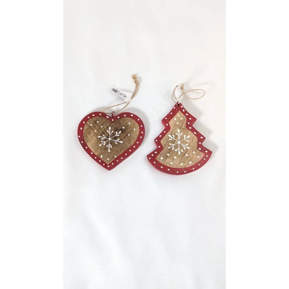 Christmas Ornaments Heart Tree Wood Hand Made Painted Rustic Cottage Farmhouse